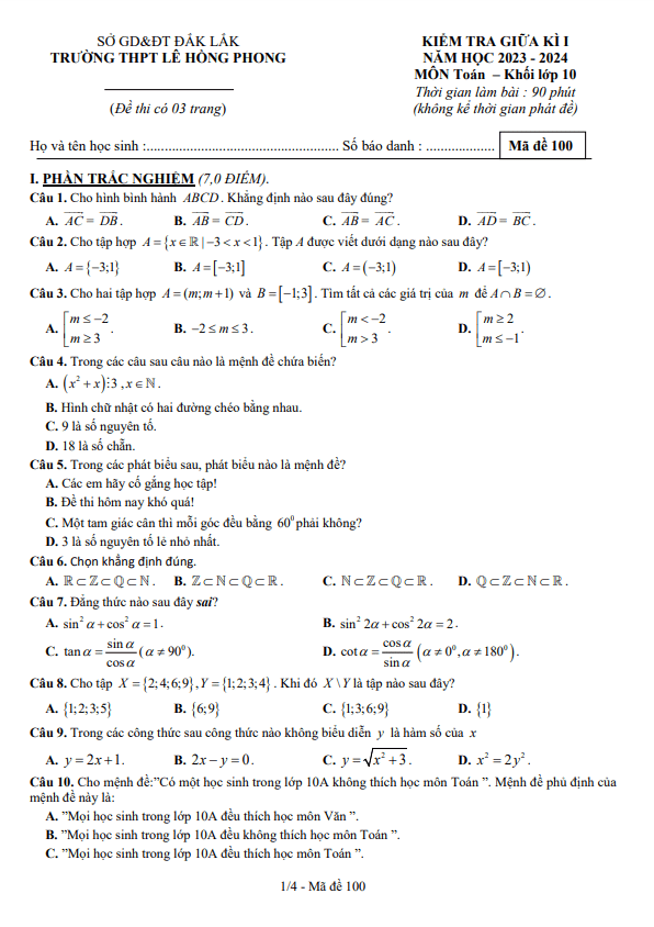 Đề giữa kì 1 Toán 10 năm 2023 – 2024 trường THPT Lê Hồng Phong – Đắk Lắk