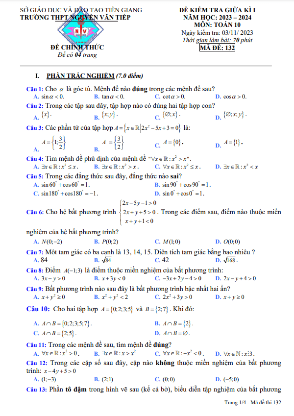 Đề giữa kì 1 Toán 10 năm 2023 – 2024 trường THPT Nguyễn Văn Tiếp – Tiền Giang
