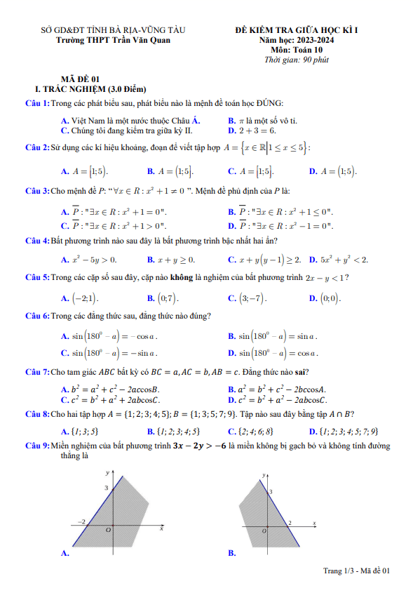 Đề giữa kì 1 Toán 10 năm 2023 – 2024 trường THPT Trần Văn Quan – BR VT