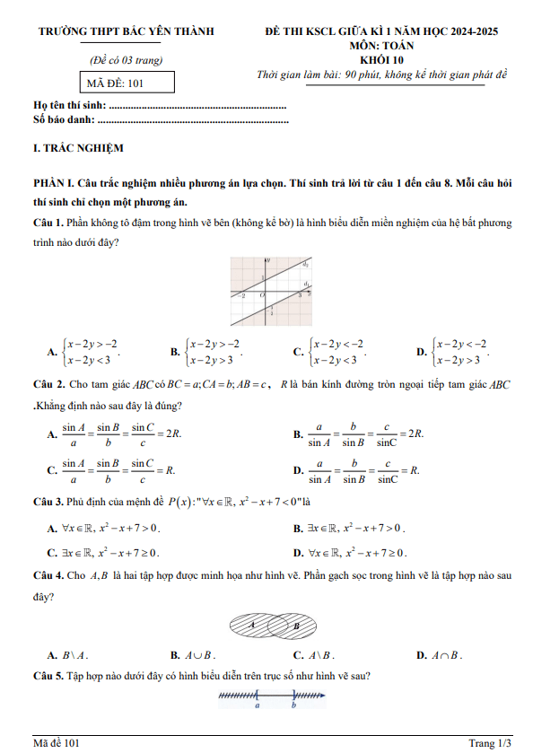 Đề giữa kì 1 Toán 10 năm 2024 – 2025 trường THPT Bắc Yên Thành – Nghệ An