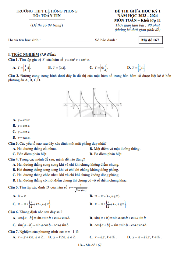 Đề giữa kì 1 Toán 11 năm 2023 – 2024 trường THPT Lê Hồng Phong – Đắk Lắk