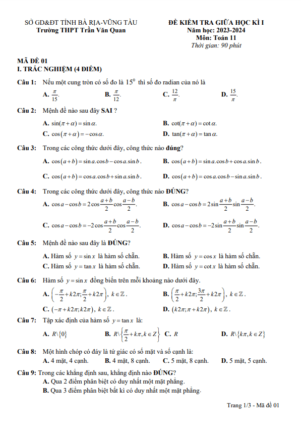 Đề giữa kì 1 Toán 11 năm 2023 – 2024 trường THPT Trần Văn Quan – BR VT