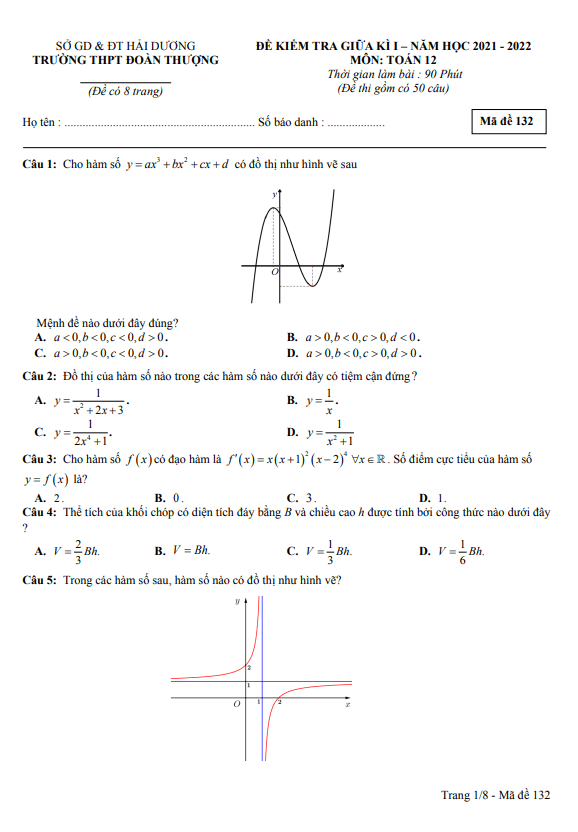 Đề giữa kì 1 Toán 12 năm 2021 – 2022 trường THPT Đoàn Thượng – Hải Dương