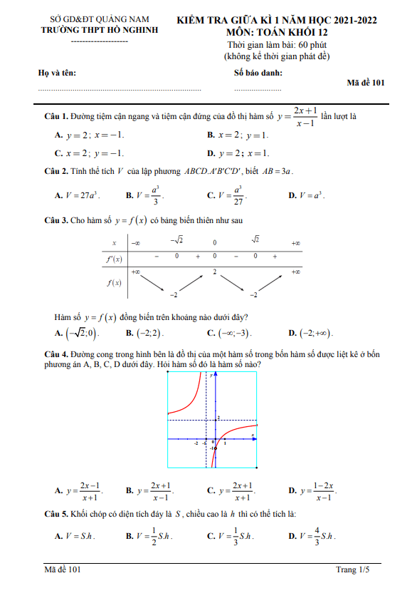 Đề giữa kì 1 Toán 12 năm 2021 – 2022 trường THPT Hồ Nghinh – Quảng Nam