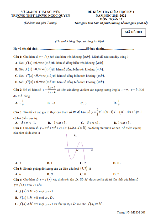 Đề giữa kì 1 Toán 12 năm 2021 – 2022 trường THPT Lương Ngọc Quyến – Thái Nguyên
