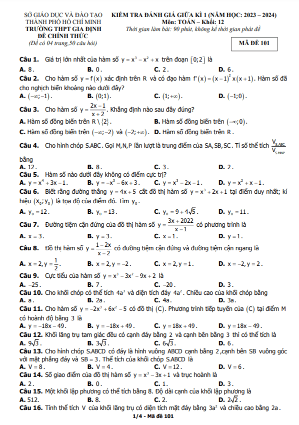 Đề giữa kì 1 Toán 12 năm 2023 – 2024 trường THPT Gia Định – TP HCM
