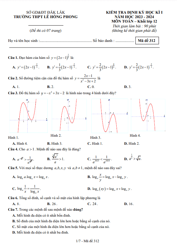 Đề giữa kì 1 Toán 12 năm 2023 – 2024 trường THPT Lê Hồng Phong – Đắk Lắk