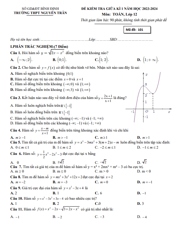 Đề giữa kì 1 Toán 12 năm 2023 – 2024 trường THPT Nguyễn Trân – Bình Định