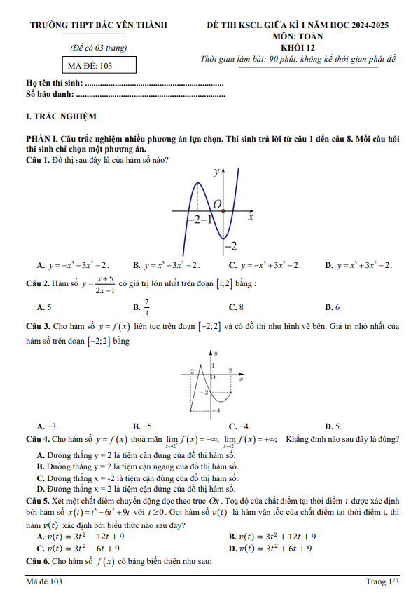 Đề giữa kì 1 Toán 12 năm 2024 – 2025 trường THPT Bắc Yên Thành – Nghệ An