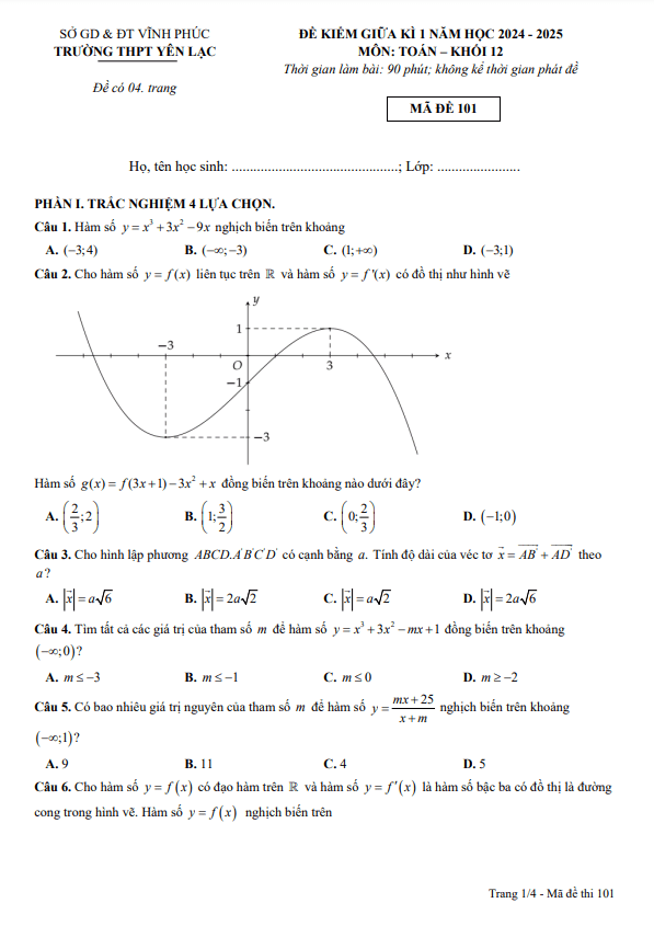 Đề giữa kì 1 Toán 12 năm 2024 – 2025 trường THPT Yên Lạc – Vĩnh Phúc