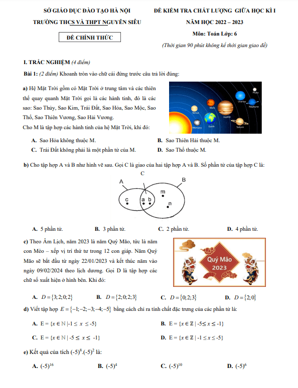 Đề giữa kì 1 Toán 6 năm 2022 – 2023 trường THCS&THPT Nguyễn Siêu – Hà Nội