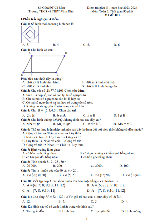 Đề giữa kì 1 Toán 6 năm 2023 – 2024 trường THCS&THPT Vàm Đình – Cà Mau
