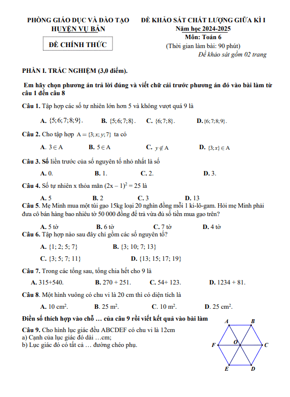 Đề giữa kì 1 Toán 6 năm 2024 – 2025 phòng GD&ĐT Vụ Bản – Nam Định