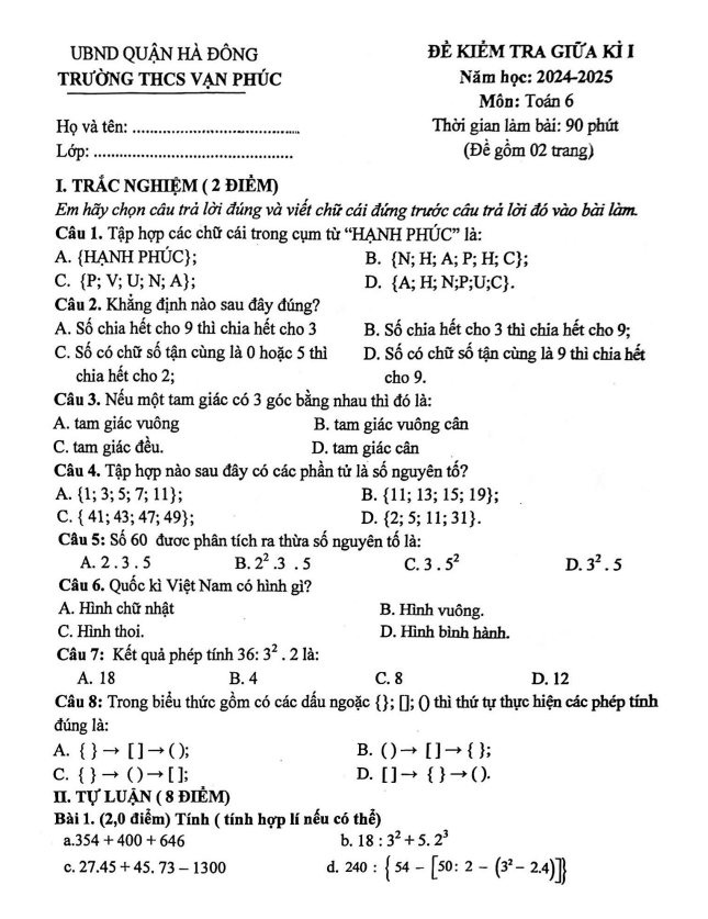 Đề giữa kì 1 Toán 6 năm 2024 – 2025 trường THCS Vạn Phúc – Hà Nội