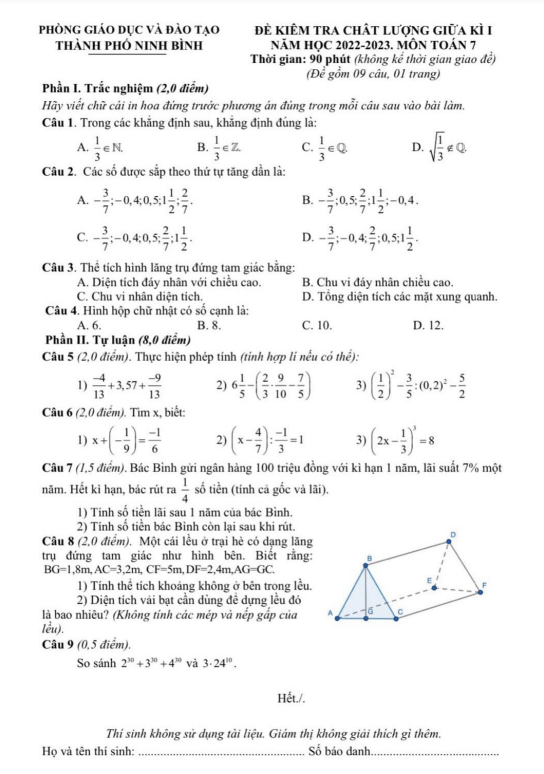Đề giữa kì 1 Toán 7 năm 2022 – 2023 phòng GD&ĐT thành phố Ninh Bình