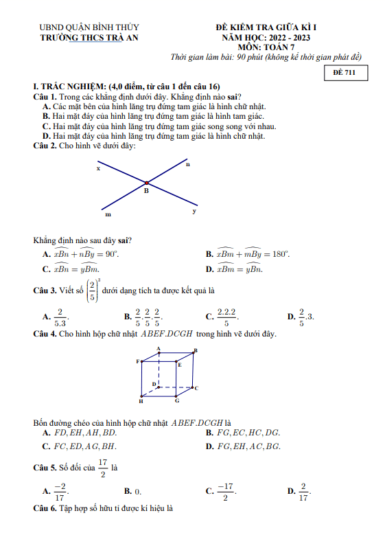 Đề giữa kì 1 Toán 7 năm 2022 – 2023 trường THCS Trà An – Cần Thơ