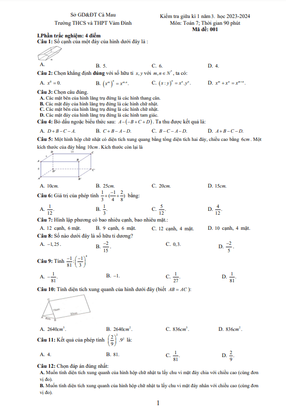 Đề giữa kì 1 Toán 7 năm 2023 – 2024 trường THCS&THPT Vàm Đình – Cà Mau