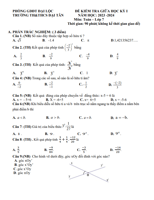 Đề giữa kì 1 Toán 7 năm 2023 – 2024 trường TH&THCS Đại Tân – Quảng Nam