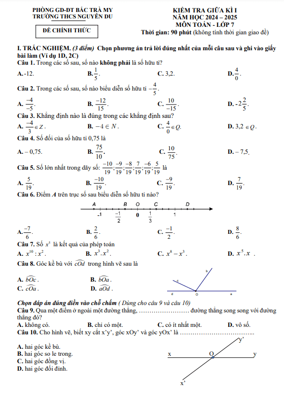 Đề giữa kì 1 Toán 7 năm 2024 – 2025 trường THCS Nguyễn Du – Quảng Nam