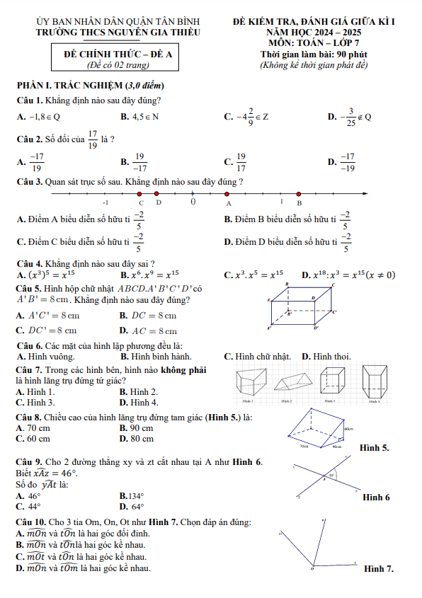 Đề giữa kì 1 Toán 7 năm 2024 – 2025 trường THCS Nguyễn Gia Thiều – TP HCM