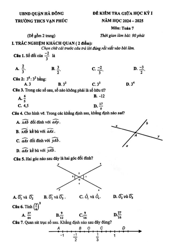 Đề giữa kì 1 Toán 7 năm 2024 – 2025 trường THCS Vạn Phúc – Hà Nội
