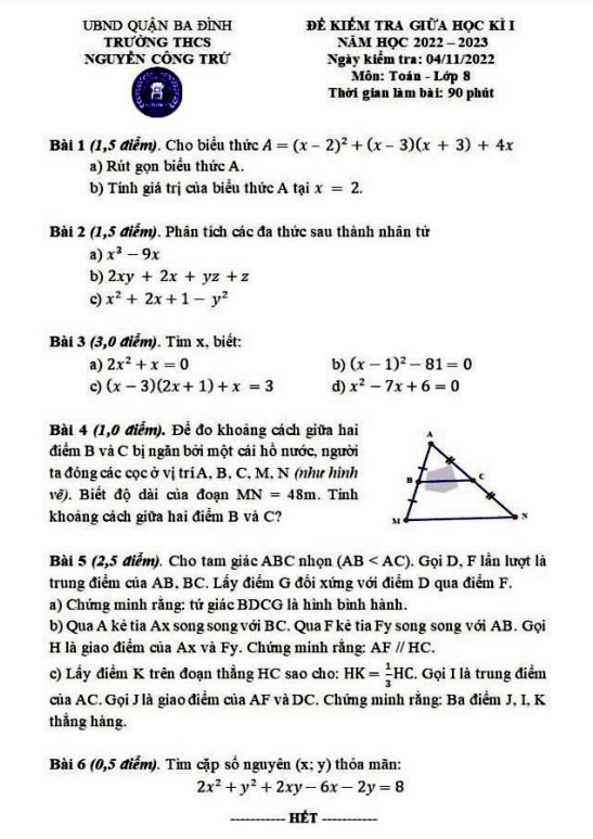 Đề giữa kì 1 Toán 8 năm 2022 – 2023 trường THCS Nguyễn Công Trứ – Hà Nội