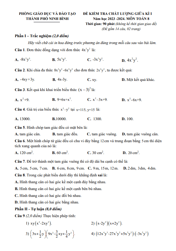 Đề giữa kì 1 Toán 8 năm 2023 – 2024 phòng GD&ĐT thành phố Ninh Bình