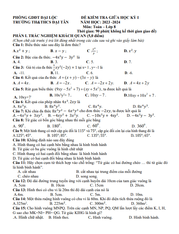 Đề giữa kì 1 Toán 8 năm 2023 – 2024 trường TH&THCS Đại Tân – Quảng Nam
