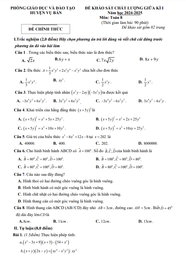 Đề giữa kì 1 Toán 8 năm 2024 – 2025 phòng GD&ĐT Vụ Bản – Nam Định