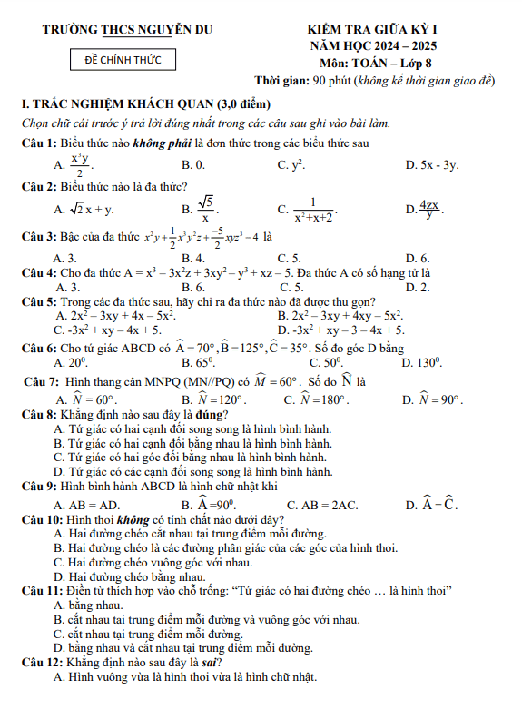 Đề giữa kì 1 Toán 8 năm 2024 – 2025 trường THCS Nguyễn Du – Quảng Nam