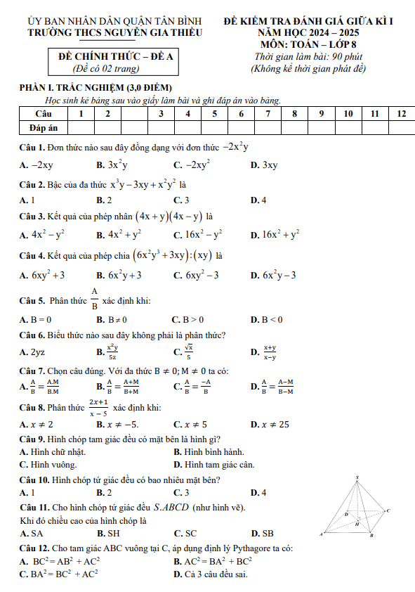 Đề giữa kì 1 Toán 8 năm 2024 – 2025 trường THCS Nguyễn Gia Thiều – TP HCM