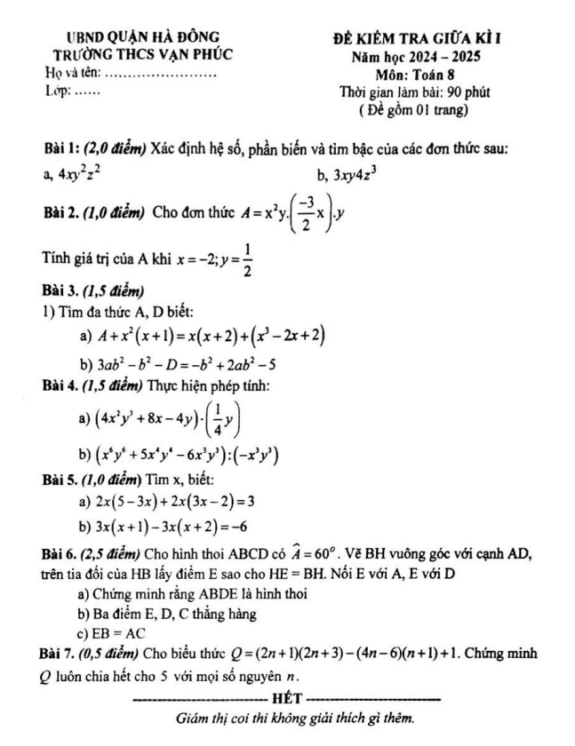 Đề giữa kì 1 Toán 8 năm 2024 – 2025 trường THCS Vạn Phúc – Hà Nội