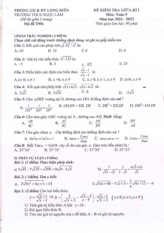 Đề giữa kì 1 Toán 9 năm 2022 – 2023 trường THCS Ngọc Lâm – Hà Nội
