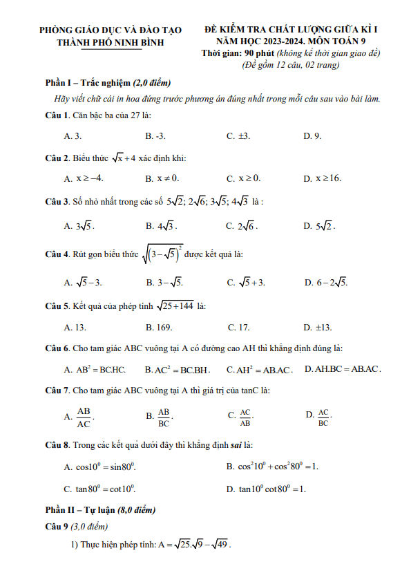 Đề giữa kì 1 Toán 9 năm 2023 – 2024 phòng GD&ĐT thành phố Ninh Bình