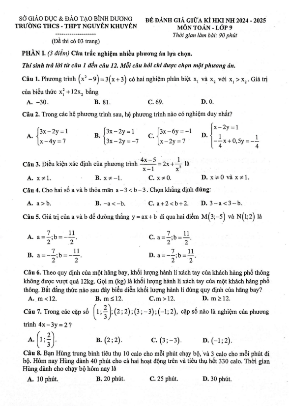 Đề giữa kì 1 Toán 9 năm 2024 – 2025 trường THCS – THPT Nguyễn Khuyến – Bình Dương