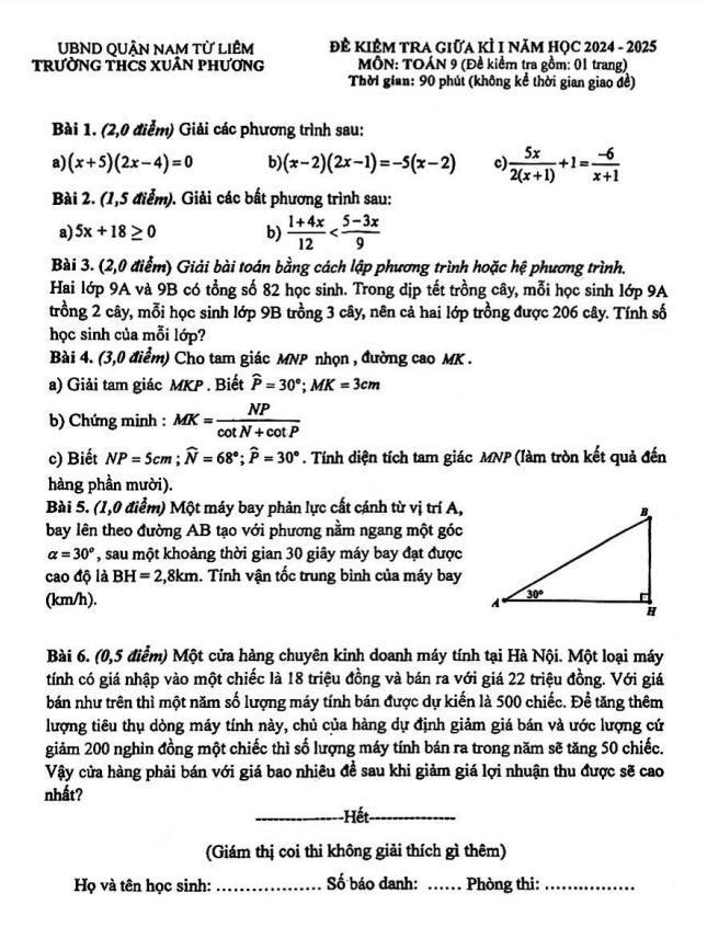 Đề giữa kì 1 Toán 9 năm 2024 – 2025 trường THCS Xuân Phương – Hà Nội