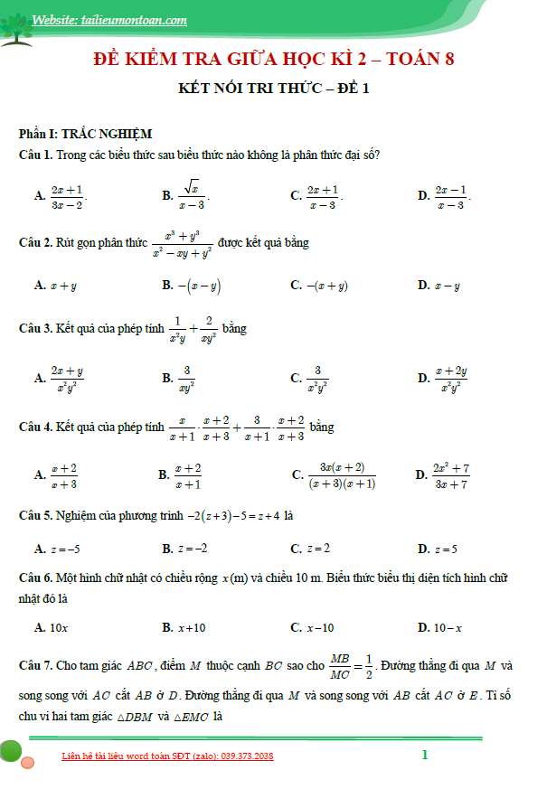 Đề giữa kì 2 môn toán lớp 8 kết nối tri thức