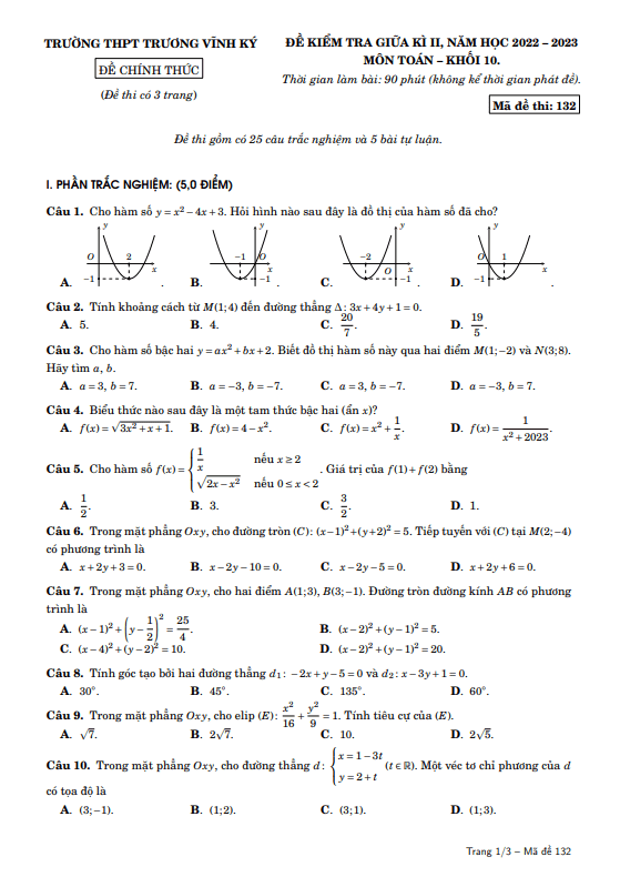 Đề giữa kì 2 Toán 10 năm 2022 – 2023 trường THPT Trương Vĩnh Ký – Bến Tre