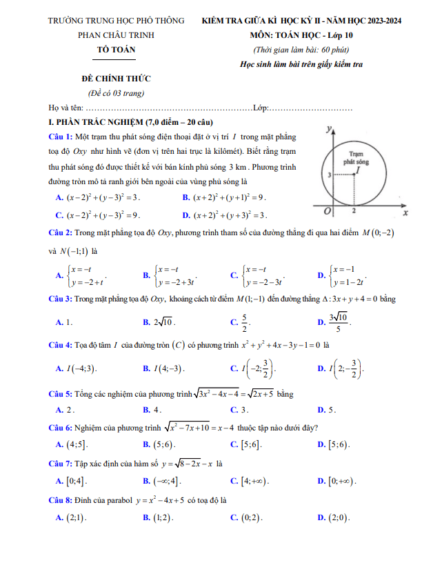 Đề giữa kì 2 Toán 10 năm 2023 – 2024 trường THPT Phan Châu Trinh – Đà Nẵng