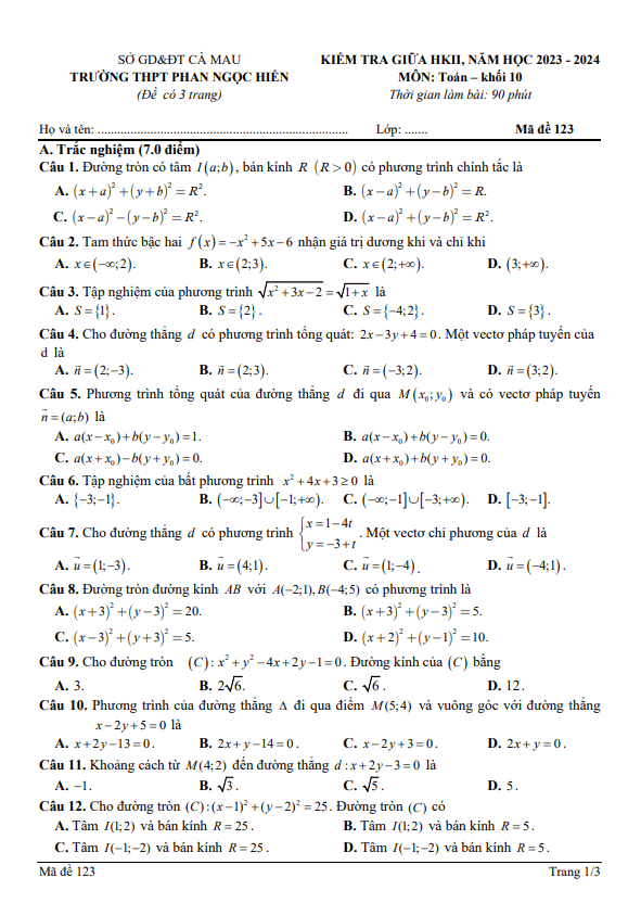 Đề giữa kì 2 Toán 10 năm 2023 – 2024 trường THPT Phan Ngọc Hiển – Cà Mau