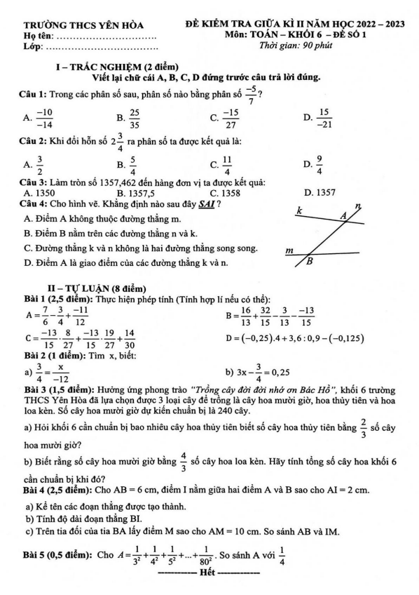 Đề giữa kì 2 Toán 6 năm 2022 – 2023 trường THCS Yên Hòa – Hà Nội