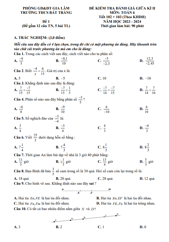 Đề giữa kì 2 Toán 6 năm 2023 – 2024 trường THCS Bát Tràng – Hà Nội
