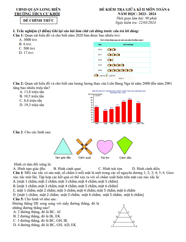 Đề giữa kì 2 Toán 6 năm 2023 – 2024 trường THCS Cự Khối – Hà Nội