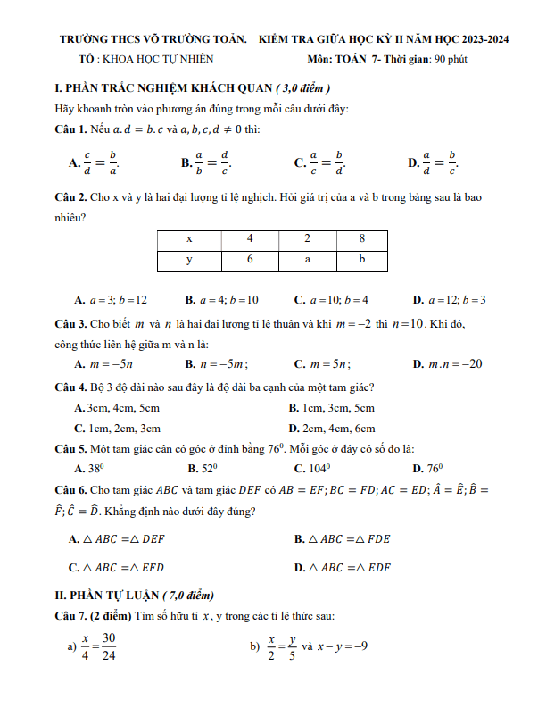 Đề giữa kì 2 Toán 7 năm 2023 – 2024 trường THCS Võ Trường Toản – BR VT