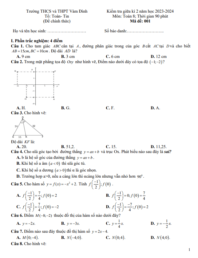 Đề giữa kì 2 Toán 8 năm 2023 – 2024 trường THCS&THPT Vàm Đình – Cà Mau