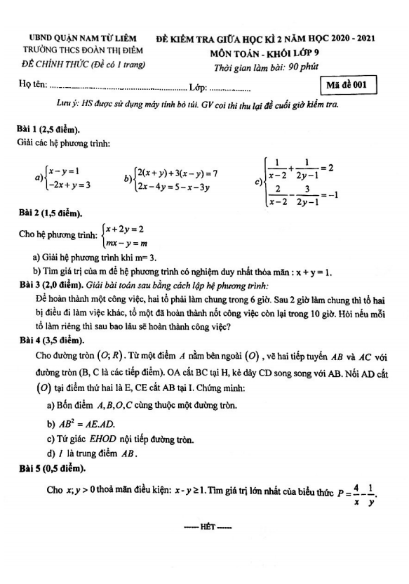 Đề giữa kì 2 Toán 9 năm 2020 – 2021 trường THCS Đoàn Thị Điểm – Hà Nội