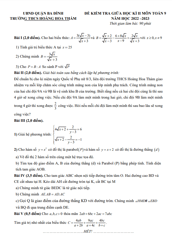 Đề giữa kì 2 Toán 9 năm 2022 – 2023 trường THCS Hoàng Hoa Thám – Hà Nội