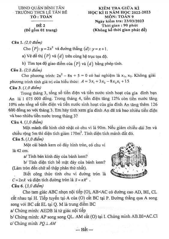 Đề giữa kì 2 Toán 9 năm 2022 – 2023 trường THCS Lê Tấn Bê – TP HCM