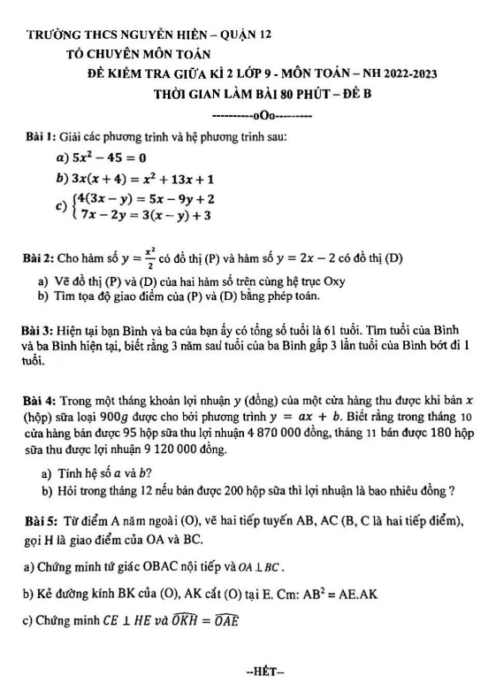 Đề giữa kì 2 Toán 9 năm 2022 – 2023 trường THCS Nguyễn Hiền – TP HCM