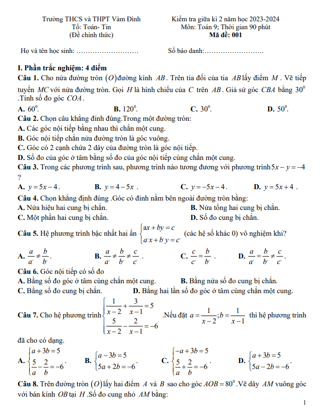 Đề giữa kì 2 Toán 9 năm 2023 – 2024 trường THCS&THPT Vàm Đình – Cà Mau